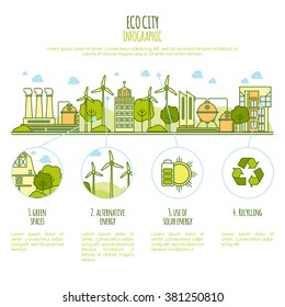 Ecology city infographic vector  template with thin line icons of eco farm technology, sustainability of local environment, town ecology saving. Thin line graphic image concept. Alternative energy