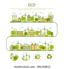 Ecology City Infographic Vector  Template With Thin Line Icons Of Eco Farm Technology, Sustainability Of Local Environment, Town Ecology Saving. Thin Line Design Graphic Image Concept