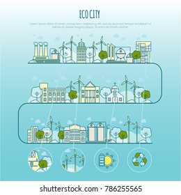 Infografía de la ciudad ecológica. Plantilla de vectores con iconos de línea delgada de la tecnología de granjas ecológicas, sostenibilidad del ambiente local, ahorro ecológico de ciudad para su diseño
