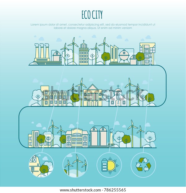Ecology city infographic. Vector\
template with thin line icons of eco farm technology,\
sustainability of local environment, town ecology saving for your\
design