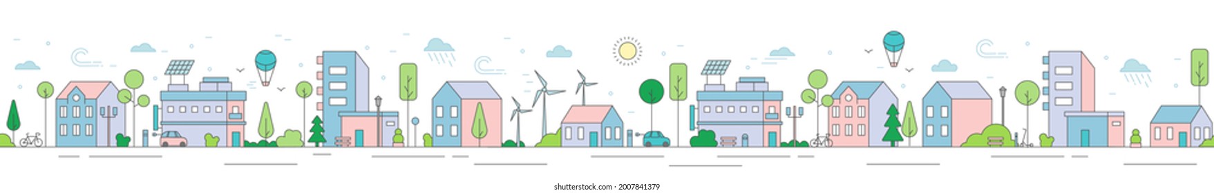 Ecology city scenery and alternative power sources generator. Endless eco-friendly town street with urban building on roadside vector illustration. Panoramic cityscape simple flat design