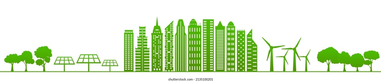 Ecology city with solar panel and wind turbine, banner for World environment day, wind solar energy, eco friendly and sustainability development concept, eco electric, Earth day - stock vector