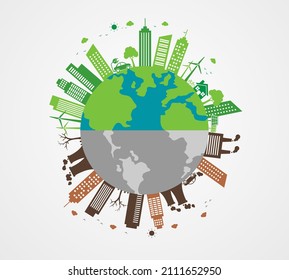 Ecology cityscape pollution and solution concept. Green vs polluted city on earth. world environment day nature save. vector illustration in flat style modern design.