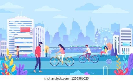 Ecology clean city landscape, people sport lifestyle and mobile technology. No car day, couple riding bicycle in park