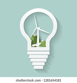 Ecology Clean energy concept wind turbine ,tree and Solar Cell. Ecology Origami Concept. - Vector