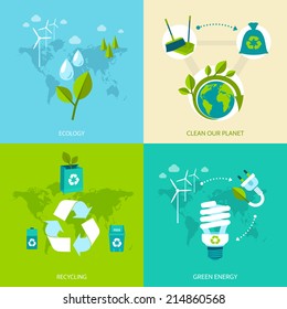 Ecology clean our planet recycling green energy concept icons set isolated vector illustration.