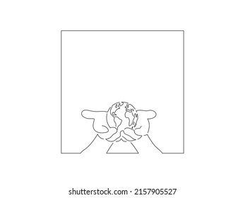 Ecology and climate change concept in line art drawing style. Composition of people recycling. Black linear sketch isolated on white background. Vector illustration design.