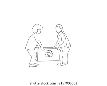 Ecology And Climate Change Concept In Line Art Drawing Style. Composition Of Kids Recycling. Black Linear Sketch Isolated On White Background. Vector Illustration Design.