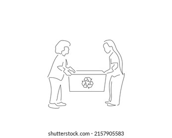 Ecology And Climate Change Concept In Line Art Drawing Style. Composition Of Kids Recycling. Black Linear Sketch Isolated On White Background. Vector Illustration Design.