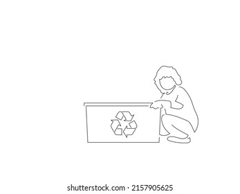 Ecology And Climate Change Concept In Line Art Drawing Style. Composition Of Kids Recycling. Black Linear Sketch Isolated On White Background. Vector Illustration Design.