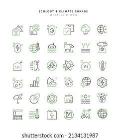 Ecology and climate change. Set of 36 line flat icons. Vector file.