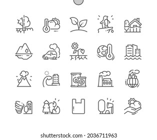 Ecology. Climate change. Weather, sprout, volcano, drought. Forest fire. Air pollution. Pixel Perfect Vector Thin Line Icons. Simple Minimal Pictogram