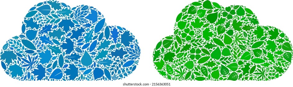Ecology cloud icon mosaic of herbal leaves in green and natural color variations. Ecological environment vector concept for cloud icon. Cloud vector image is organized from green herbal parts.