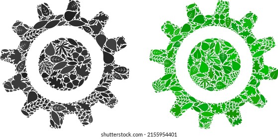 Ecology cog icon collage of herbal leaves in green and natural color hues. Ecological environment vector template for cog icon. Cog vector image is formed of green herbal elements.