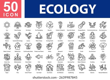 Ecology Collection of Icons with Outline Style Containing: Sun,Solar Energy,Go Green,Eco Packaging,Recycle,Carbon Footprint,Save the Ocean,Energy Beams,Environmental Law,Eco Awareness,Nature