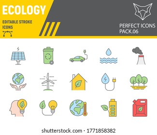 Ecology color line icon set, eco symbols collection, vector sketches, logo illustrations, environment icons, green ecology signs colorful linear pictograms, editable stroke