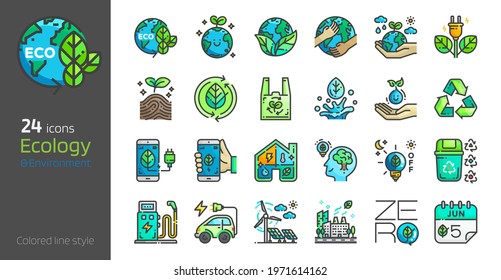 Ecology colored line style icon set. Safe earth,water,energy,renewable concept environment day and earth day. Eco friendly design vector illustration.