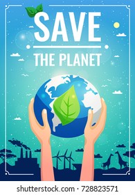 Ecology colored poster with planet in the hands and save the planet headline vector illustration