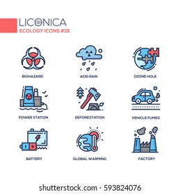 Ecology - colored vector modern single line icons set. Biohazard sign, acid rain, ozone hole, power station, earth, deforestation, axe, vehicle fumes, battery, global warming, pollution, factory.