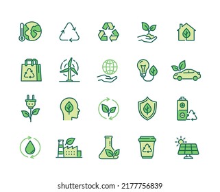 Ecology colorful Icons set. Global warming, alternative energy sources, waste recycling and eco friendly fuel for cars. Design for apps. Cartoon flat vector collection isolated on white background