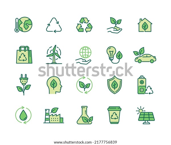 Ecology colorful Icons set. Global warming,\
alternative energy sources, waste recycling and eco friendly fuel\
for cars. Design for apps. Cartoon flat vector collection isolated\
on white background