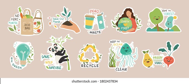 Ecology colorful stickers collection. Trendy slogans to save the planet. Eco friendly tools, zero waste concept, environmental protection, save wild nature and other. Flat Vector Illustration