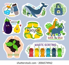 Ecology colorful stickers collection. Trendy slogans to save the planet. Love our planet, waste sorting, we need more, recycle, zero waste, green vibes, go green, keep the ocean.