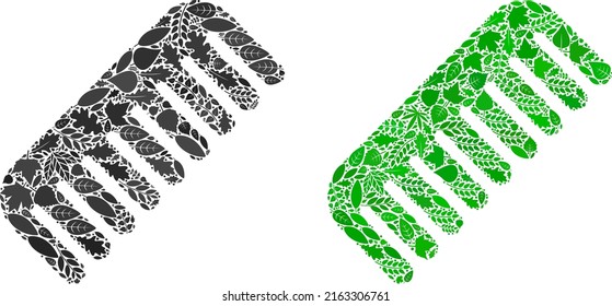 Ecology comb icon collage of herbal leaves in green and natural color hues. Ecological environment vector concept for comb icon. Comb vector image is shaped with green herbal elements.