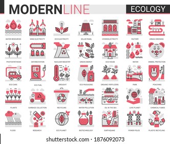 Ecology complex flat line icon vector illustration set. Red black design collection of ecosystem environmental resource symbols, eco cars houses, modern green city technology to save environment.