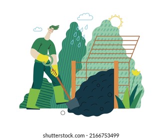 Ecology - Composting, eco farming -Modern flat vector concept illustration of ecology, organic farming metaphor. A man wearing rubber boots, digging composter Creative landing web page illustartion