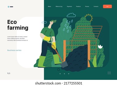 Ecology - Composting, eco farming -Modern flat vector concept illustration of ecology, organic farming metaphor. A man wearing rubber boots, digging composter Creative landing web page template