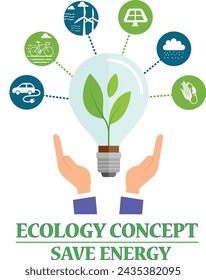 Ecology Concept. 3D Energy saving
concept.Environmental protection,
renewable, sustainable energy sources.
Plant growing in the bulb concept