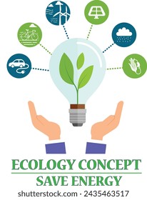 Ecology Concept. 3D Energy saving
concept.Ecology and Eco Green Energy
Concept Vector Illustration Sustainable Eco
Friendly and Alternative Clean Energy and
Healthy Lifestyle Concept