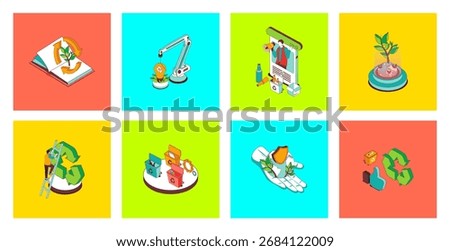 Ecology concept of 3d isometric icons set. Pack with waste management and recycling technology, garbage cleanup to bins, alternative energy for save planet and climate support. Vector illustration.