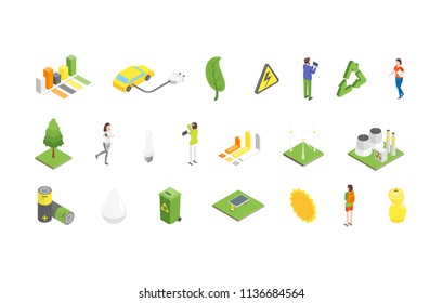 Ecology Concept 3d Isometric View Include of Eco Lifestyle, Climate Change, Garbage and Radioactive Waste. Vector illustration