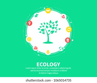 Ecology concept. Abstract background with connected gears and icons for eco friendly, energy, environment, green, recycle, bio and global concepts. Vector infographic illustration