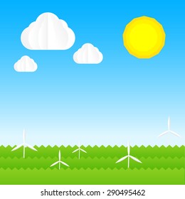 Ecology concept abstract background with sun cloud sky wind turbine grass element vector illustration eps10