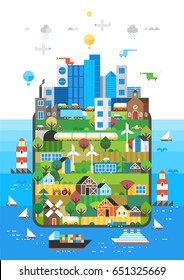 Ecology concept. Abstract image of the modern world - Modern city and agriculture. Transportation by land, water and air.