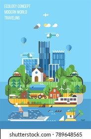 Conceito ecológico. Imagem abstrata do mundo moderno - Cidade moderna e agricultura. Transporte terrestre, aquático e aéreo.