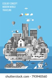 Concepto de ecología. Imagen abstracta del mundo moderno - Ciudad moderna y agricultura. Transporte por tierra, agua y aire.
