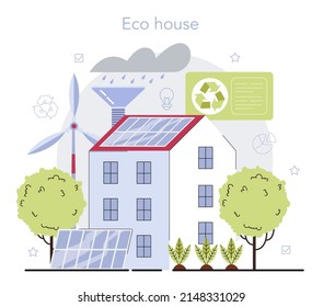 Ecology concept. Alternative energy and green electricity for good environment in the city. Eco-friendly house building with solar battery roof and wind farm. Isolated vector illustration