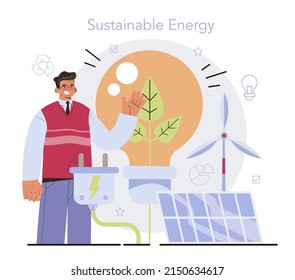 Ecology concept. Alternative energy and green electricity for good environment in the city. Eco-friendly house building with solar battery roof and wind farm. Isolated vector illustration