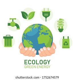 ecology concept banner with symbol elements background. hand holding green world. environment and sustainable concept. conservation saving support and solution. vector illustration flat design.