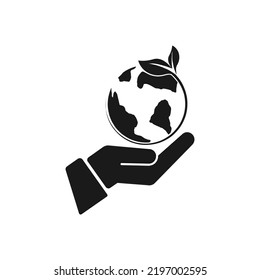 banner de concepto de ecología con fondo de elementos de símbolo. mano sosteniendo el mundo verde. medio ambiente y concepto sostenible. apoyo y solución de ahorro de conservación. diseño plano de ilustración vectorial.