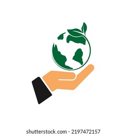 ecology concept banner with symbol elements background. hand holding green world. environment and sustainable concept. conservation saving support and solution. vector illustration flat design.