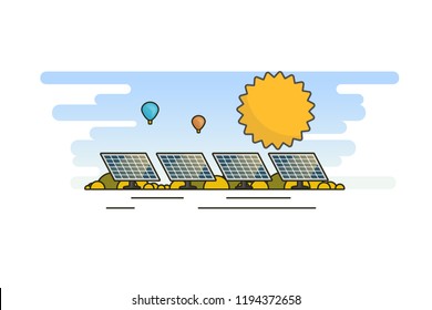 Ecology Concept, Banner Template in Flat Style. Vector Illustration. Solar Panels, Green Energy Technology. 