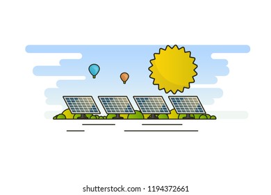 Ecology Concept, Banner Template in Flat Style. Vector Illustration. Solar Panels, Green Energy Technology. 