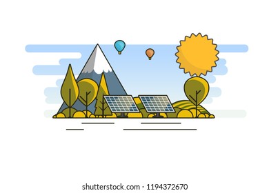 Ecology Concept, Banner Template in Flat Style. Vector Illustration. Solar Panels, Green Energy Technology. 