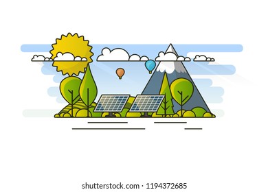 Ecology Concept, Banner Template in Flat Style. Vector Illustration. Solar Panels, Green Energy Technology. 