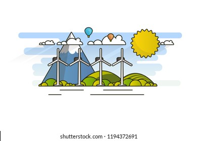Ecology Concept, Banner Template in Flat Style. Vector Illustration. Wind Turbines, Green Energy Technology. 